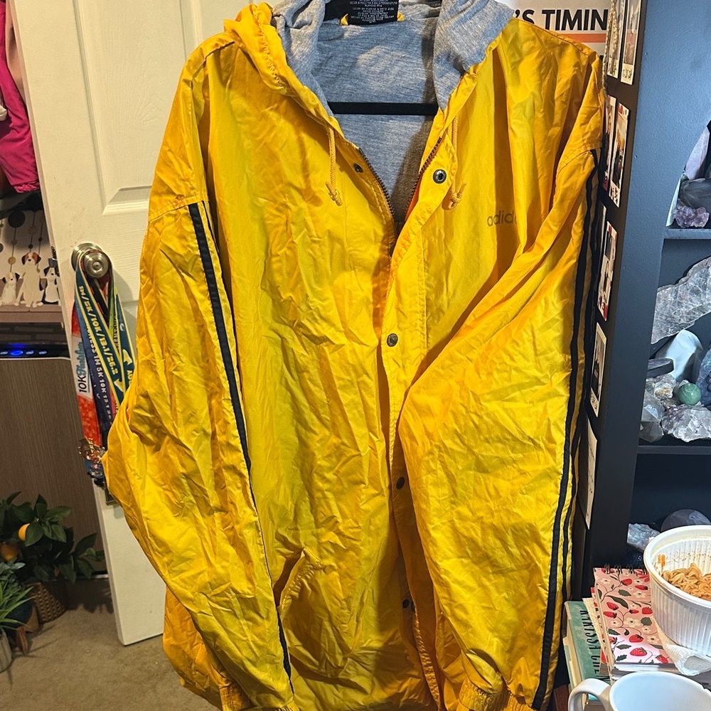 Adidas Men's Vibrant Yellow Windbreaker Rain Jacket with Hood